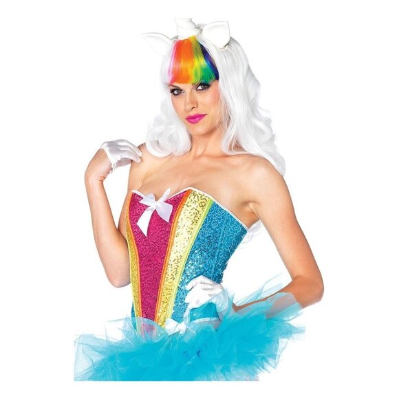 Rainbow Sequin Corset Size Medium Leg Avenue Multi Bow Accent Costume Tulle NEW - Picture 1 of 7